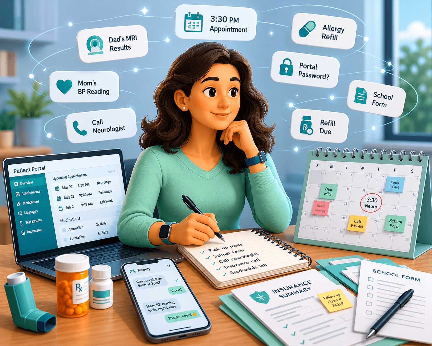 A woman at a kitchen table surrounded by family healthcare paperwork, medication bottles, a patient portal, messages, and floating reminders around her head
