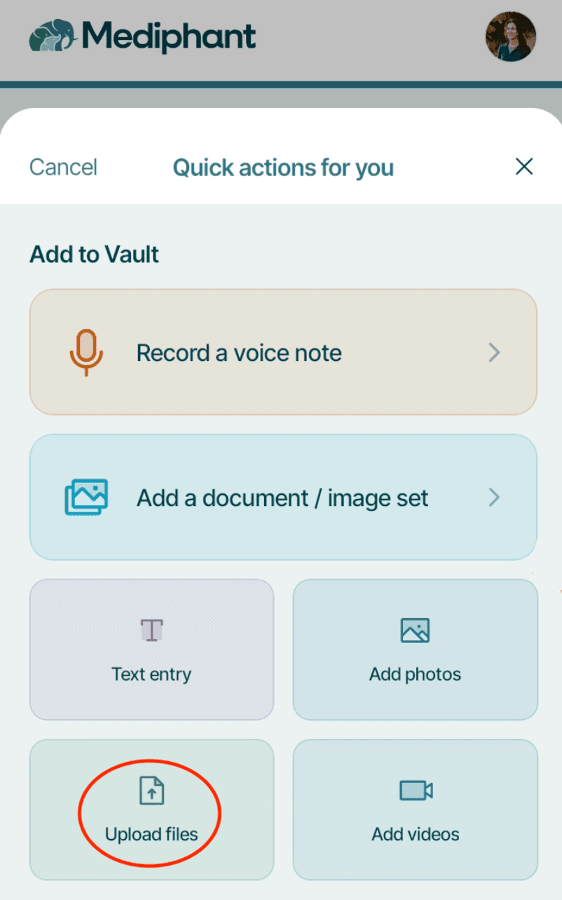 Mediphant quick actions with Upload files highlighted