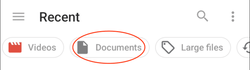 Android file picker with the Documents filter highlighted