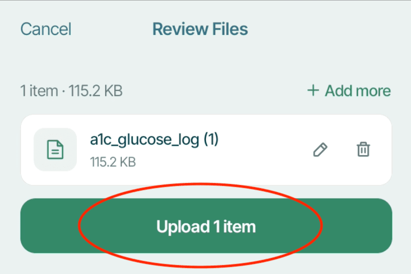 Mediphant Review Files screen with the Upload button highlighted