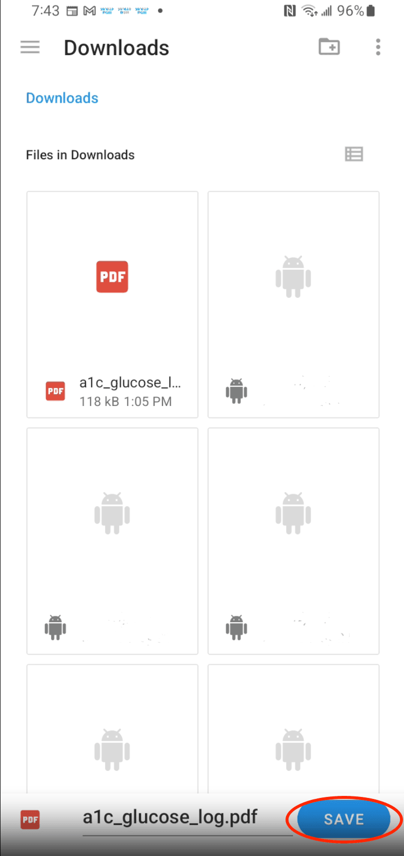 Android Downloads screen with the Save button highlighted