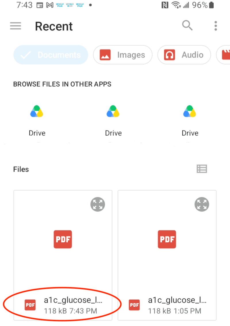 Android file picker with a PDF document highlighted