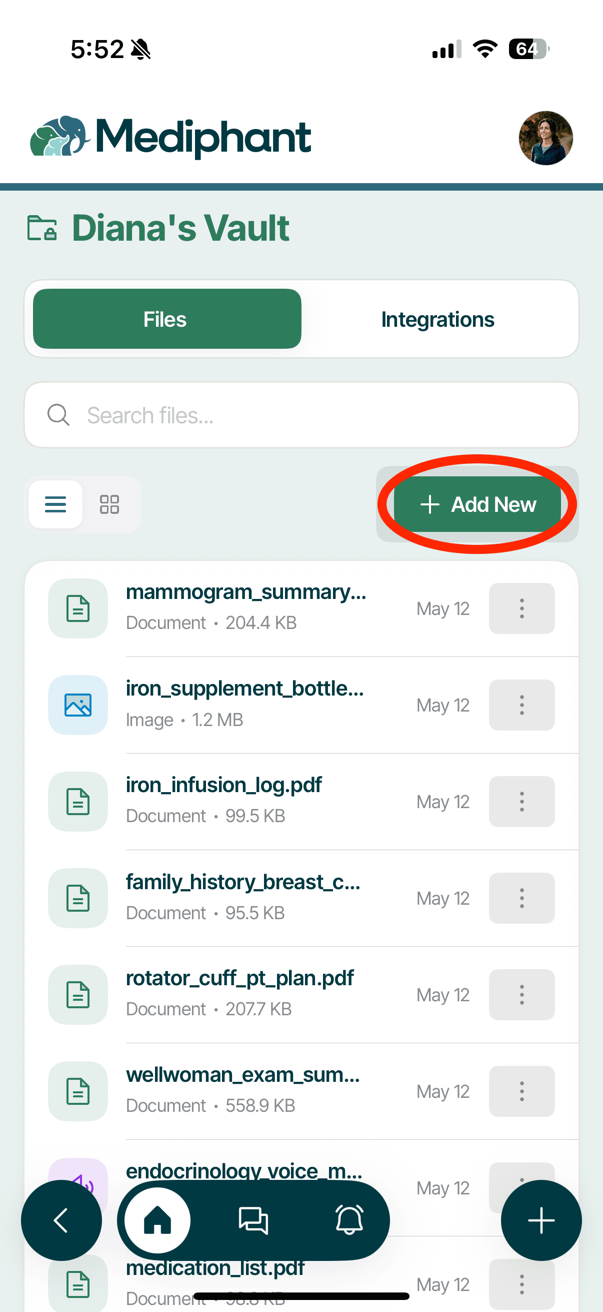 Mediphant Vault on iPhone with Add New highlighted