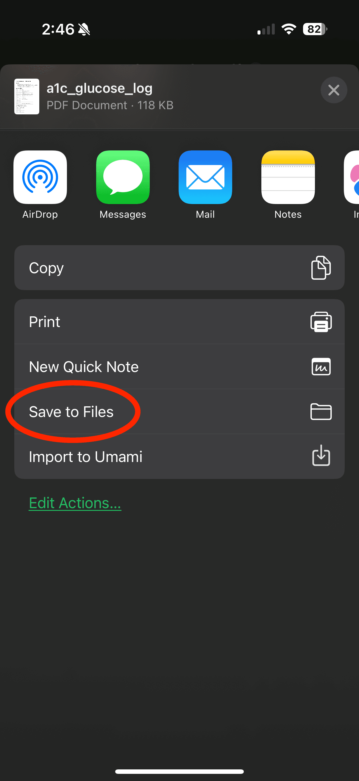iPhone Share sheet with Save to Files highlighted